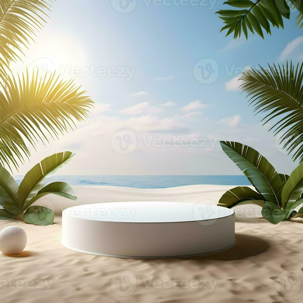 3D White Cylinder Podium Stand on Sand Beach Background with Tropical Leaves Backdrop. Generative AI. AI Generative photo