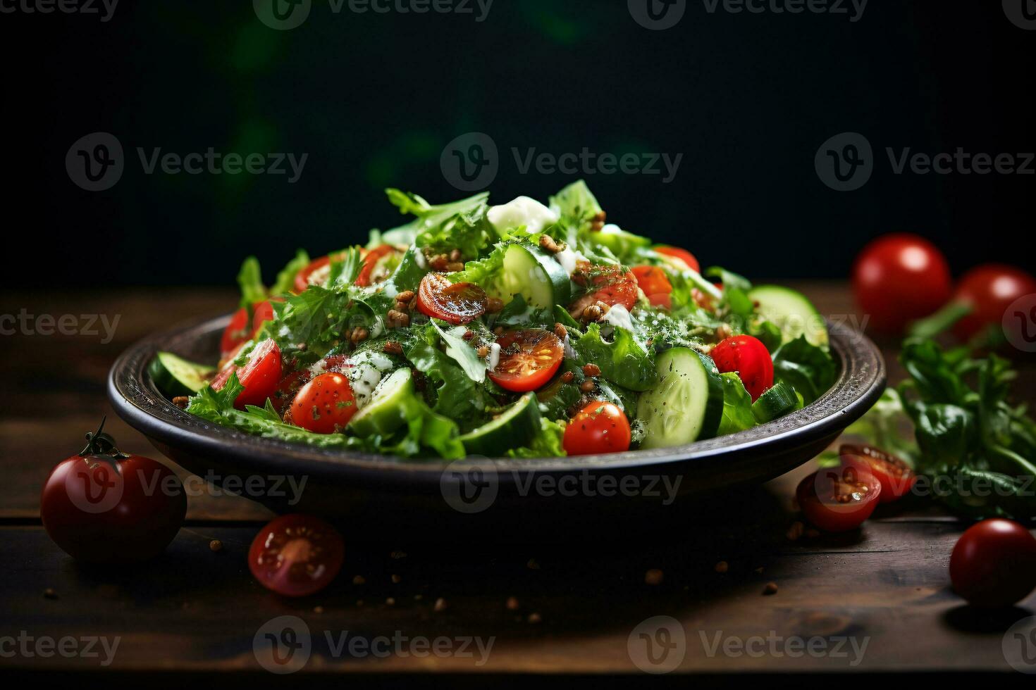 Tomato cucumber salad on wooden table. healthy and delicious summer food. AI Generative photo