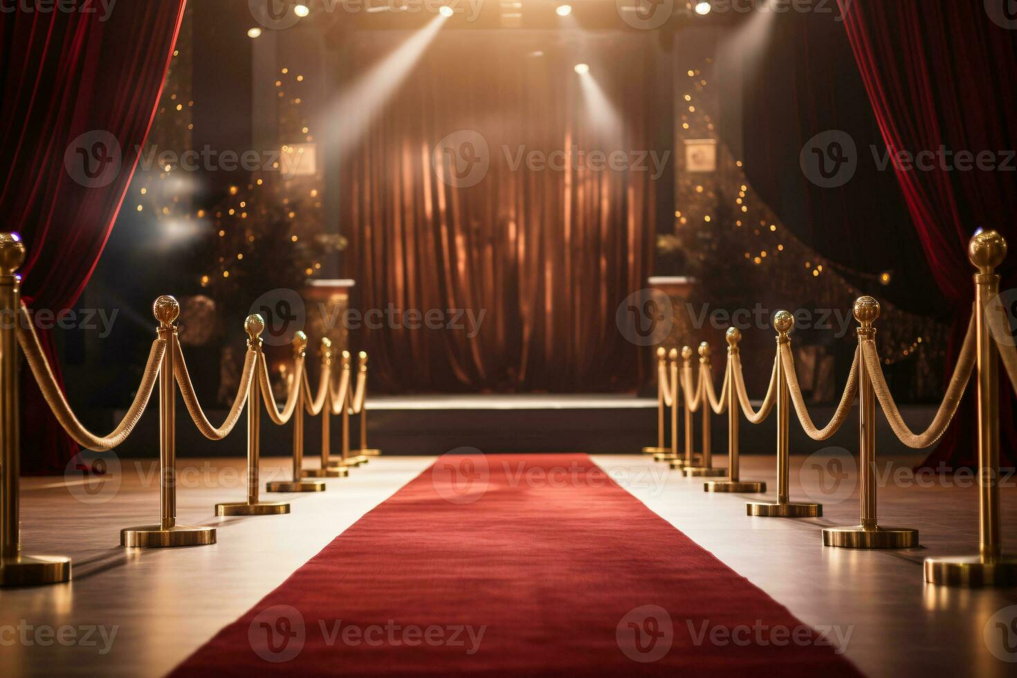 Red Carpet Hollywood Stage, Golden Awards Backdrop. AI Generative photo