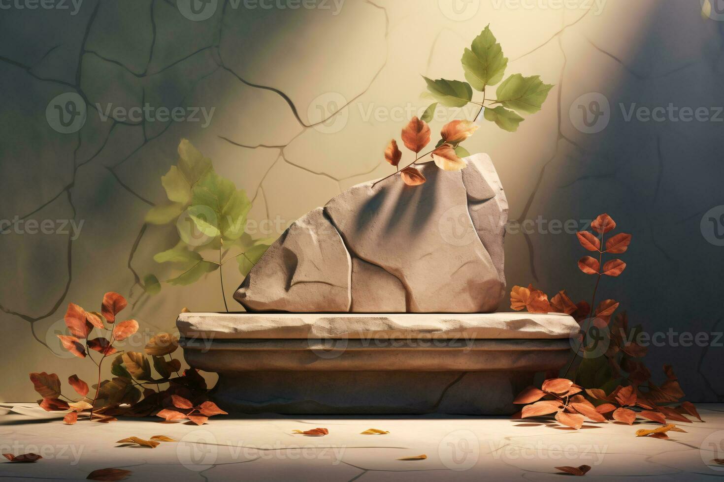 3D Stone Podium with Leaves Shadow in Morning Light. AI Generative photo