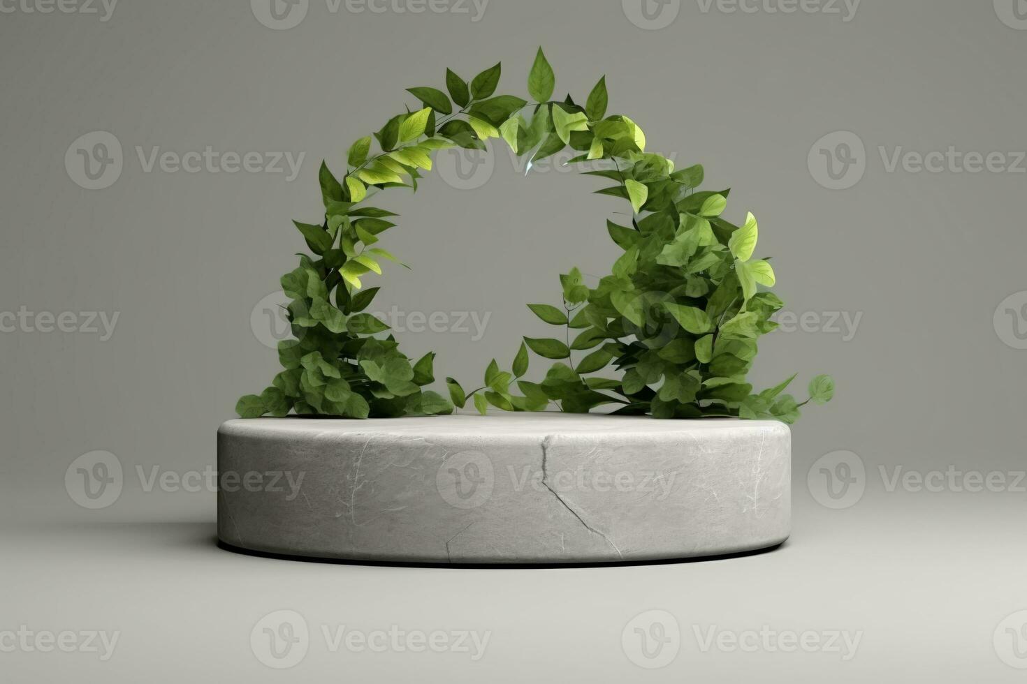 3D White Podium Stand with Plants. AI Generative photo