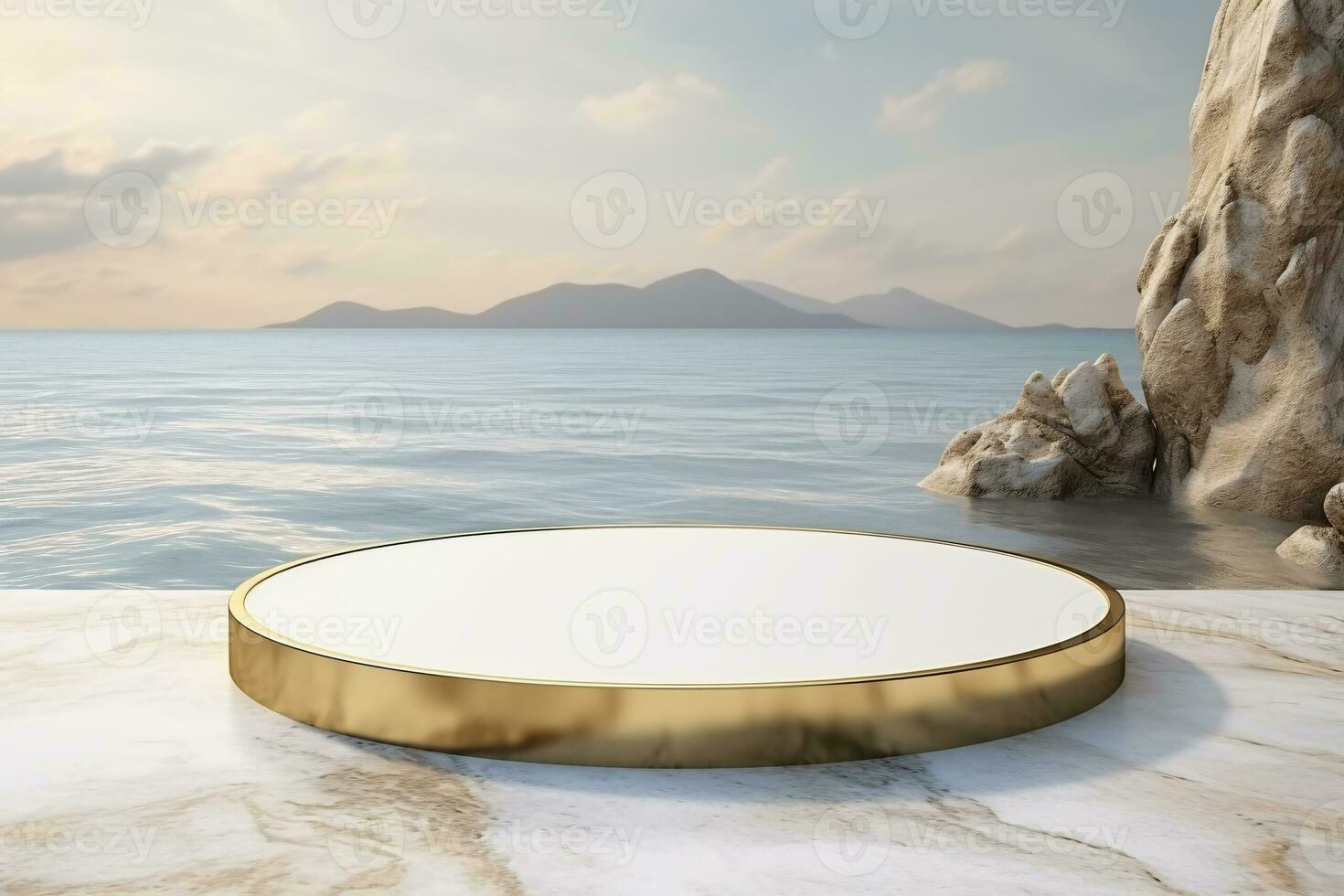 3D White Marble and Gold Cylinder Podium on White Marble Floor with River and Mountain Background. Generative AI. AI Generative photo