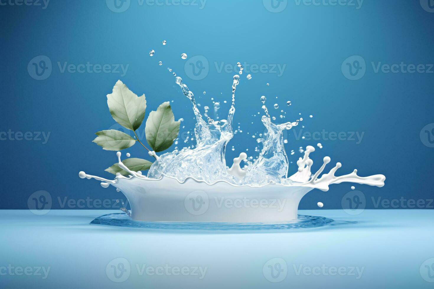 3D White Podium with Water Splash and Leaves on Blue Background. AI Generative photo