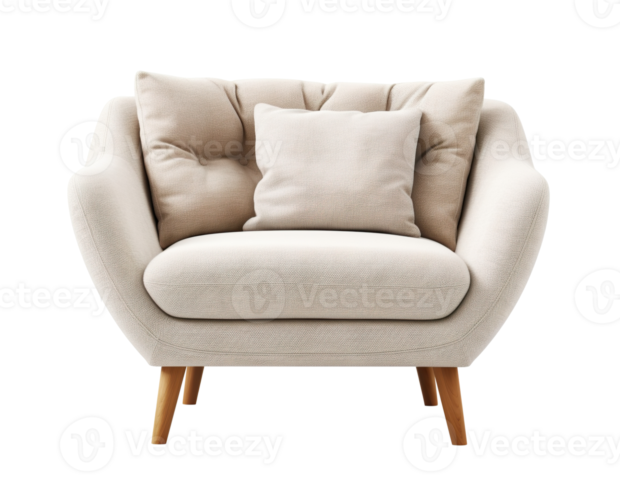 Cozy beige armchair in Scandinavian style with wooden legs and cushions, perfect for modern living space. Lounge chair on transparent background. Cut out furniture. Front view. PNG. AI generated png