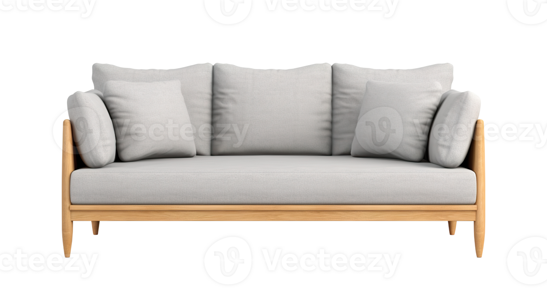 Chic Scandinavian-style sofa in light gray with clean lines and cushions, set on natural wood legs. Couch on transparent background. Cut out furniture. Front view. PNG. AI generated png