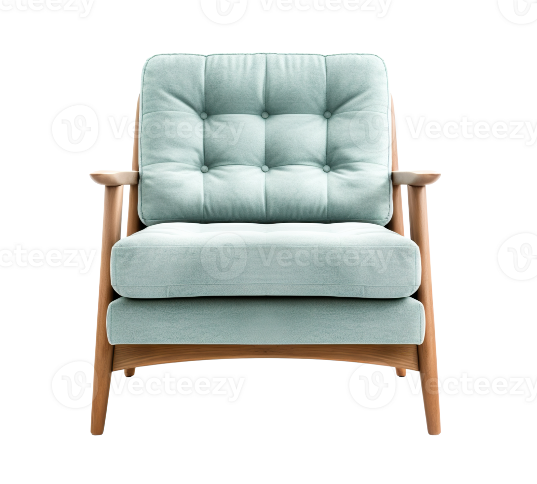 Sleek, Scandinavian-designed armchair with soft teal fabric and button detailing, supported by oak frame. Lounge chair on transparent background. Cut out furniture. Front view. PNG. AI generated png