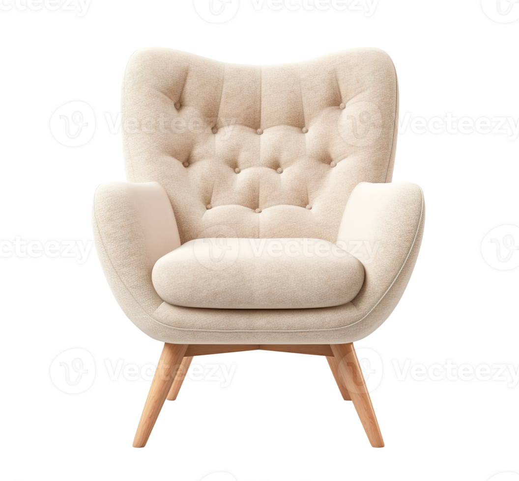 Scandinavian-style armchair with plush, beige upholstery, wooden legs, perfect for modern home interior. Lounge chair on transparent background. Cut out furniture. Front view. PNG. AI generated png