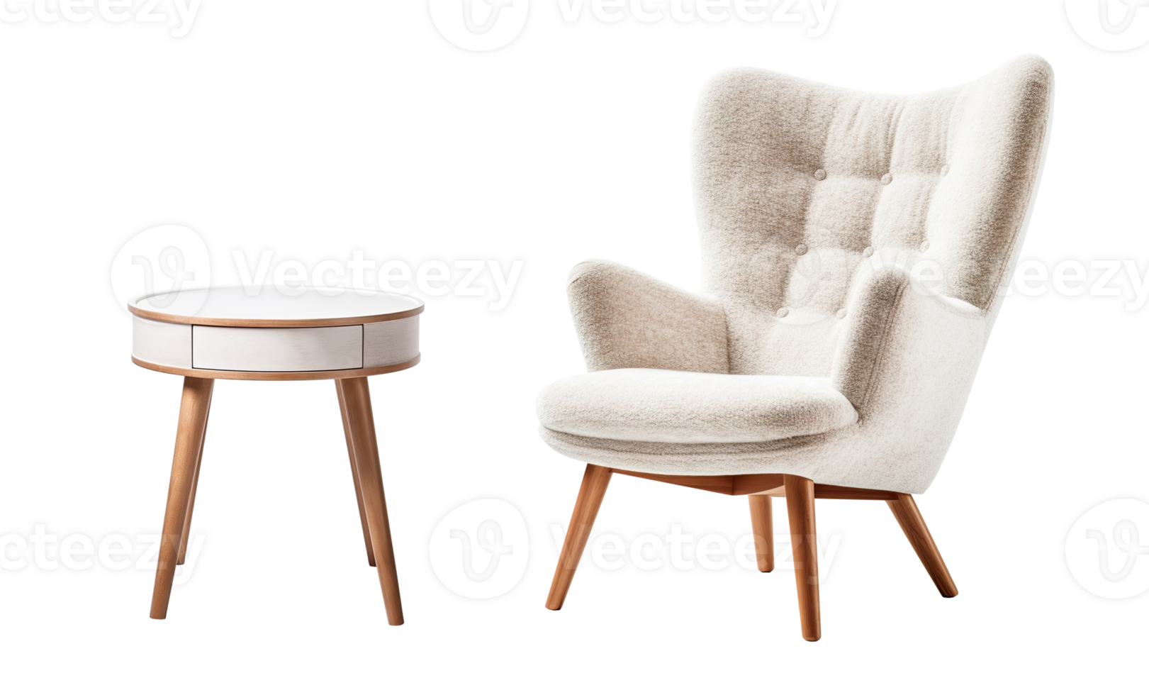 Scandinavian-style interior set with a plush beige armchair and a complementary round side table, both with elegant wooden legs, on transparent background. Cut out furniture. PNG. AI generated png