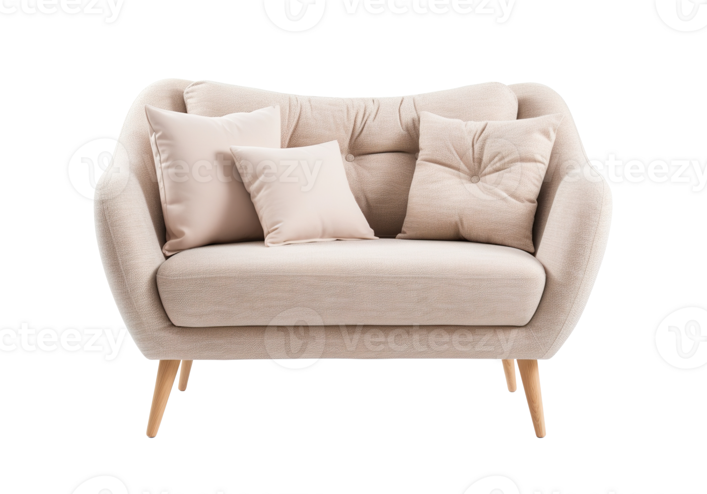 Small, chic Scandinavian-style sofa in beige with clean lines and cushions, set on natural wood legs. Couch on transparent background. Cut out furniture. Front view. PNG. AI generated png