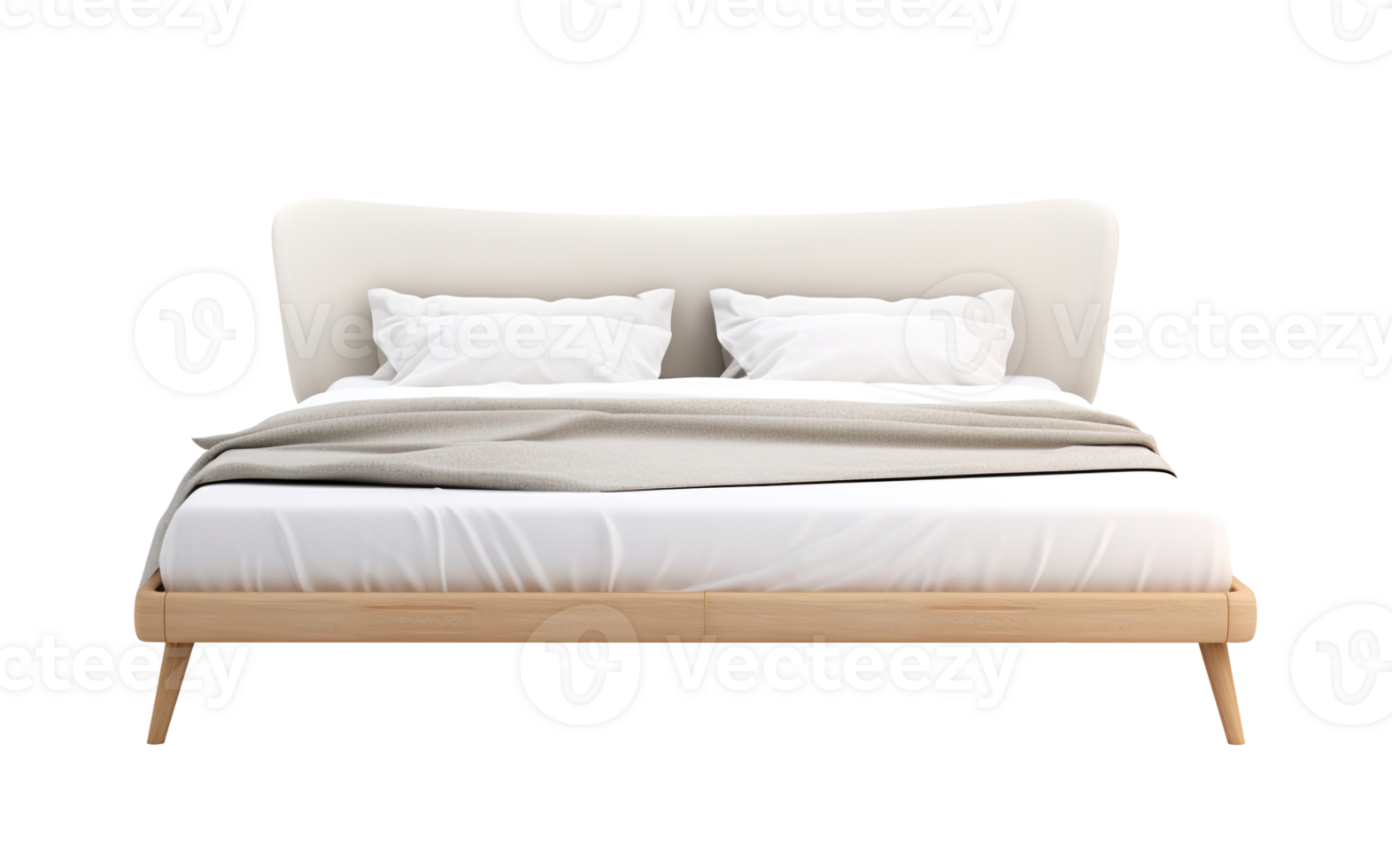 Modern Scandinavian-style bed with headboard and natural wood base, complete with white bedding and beige throw. Double bed on transparent background. Cut out furniture. Front view. PNG. AI generated png
