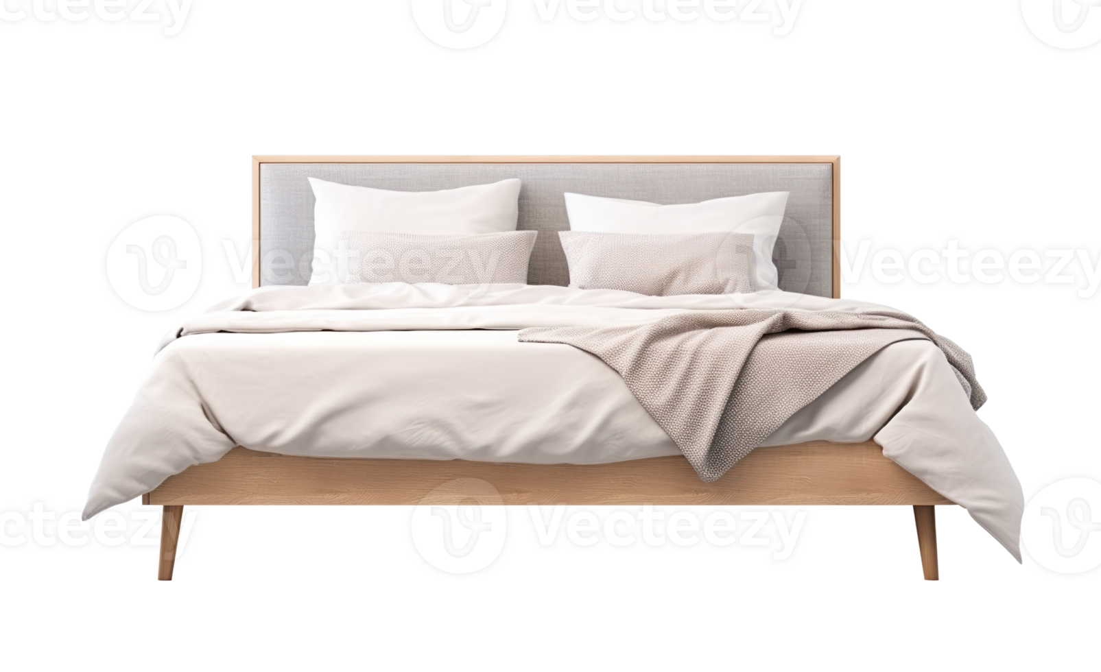 Modern bed with a fabric headboard and wooden frame, adorned with soft white bedding and a textured beige throw. Double bed on transparent background. Cut out furniture. Front view. PNG. AI generated png