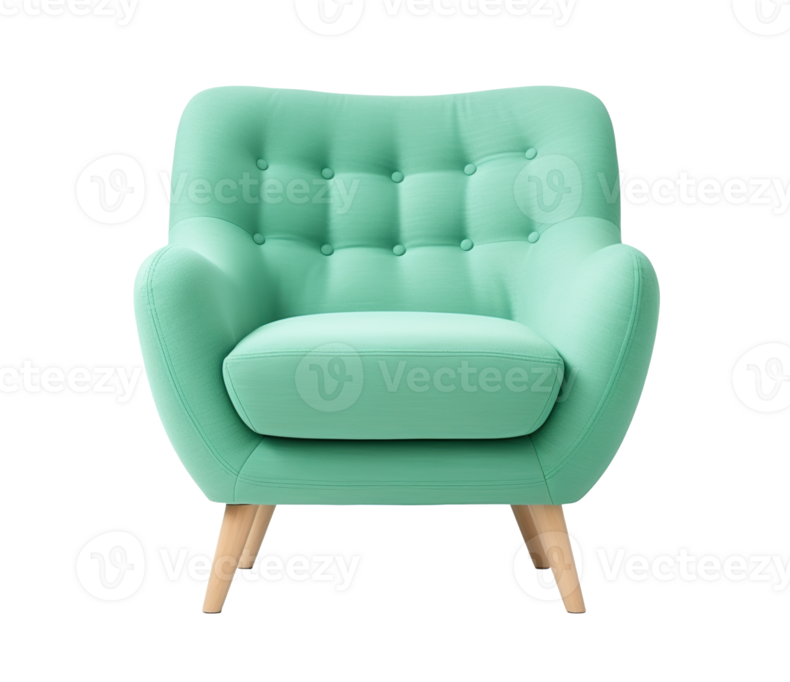 Stylish Scandinavian-style armchair with mint green upholstery, wooden legs, perfect for modern home interior. Lounge chair on transparent background. Cut out furniture. Front view. PNG. AI generated png
