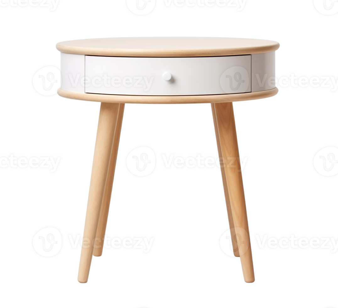 Modern Scandinavian-style side table with a white drawer, featuring natural wood legs and a round top, on transparent background. Coffee table, cut out. Front view. PNG. AI generated png
