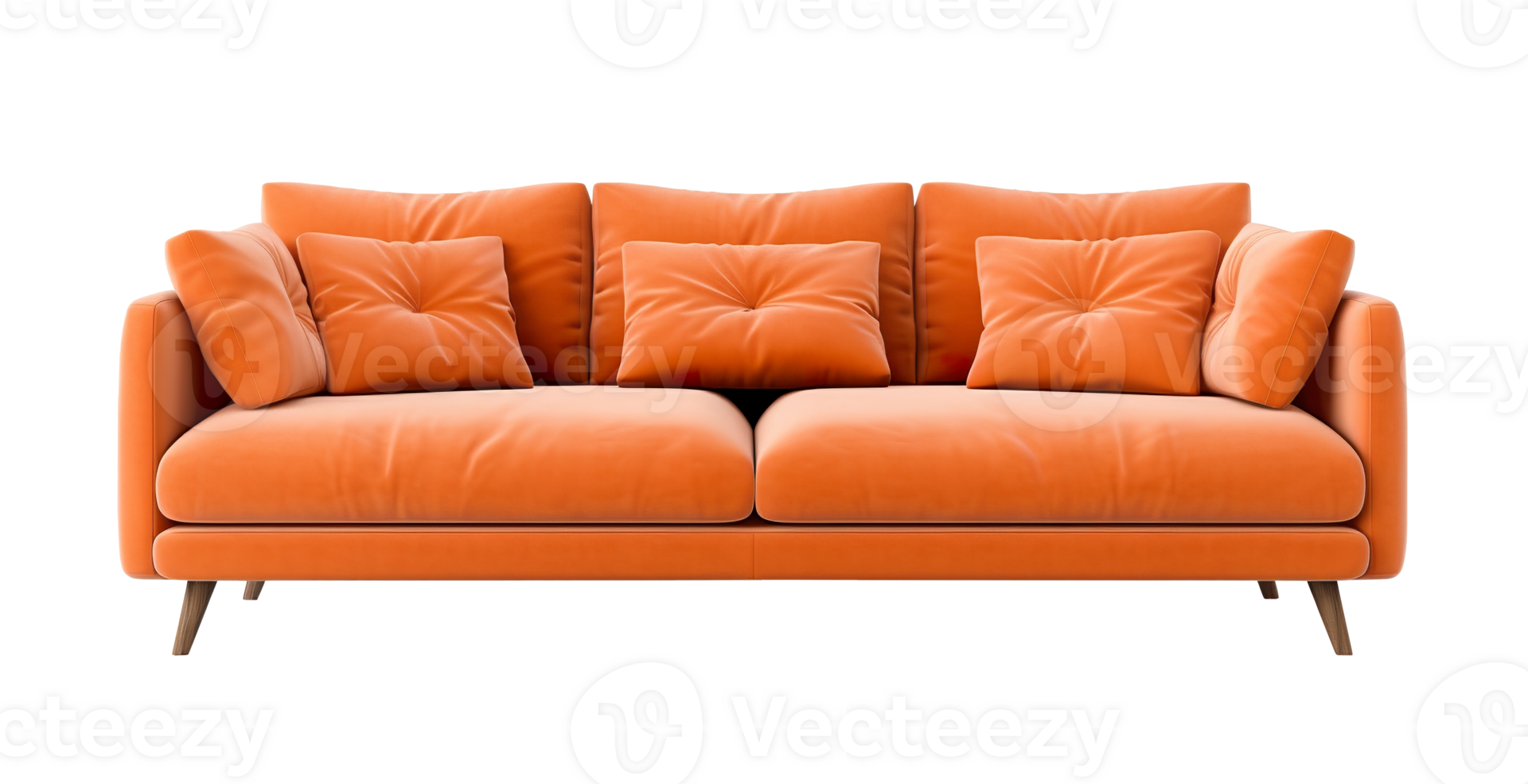 Chic tangerine orange sofa with backrest and plush cushions, stylishly perched on slender wooden