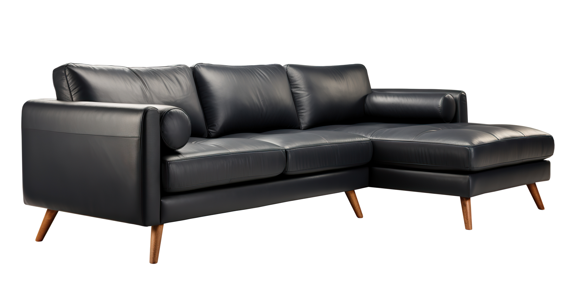 Contemporary black leather sectional sofa with a chaise and round