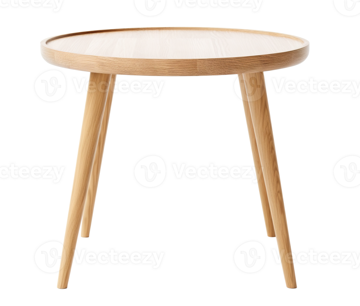 Scandinavian-style round wooden side table with elegantly tapered legs, presenting a smooth, natural finish, on transparent background. Coffee table, cut out. Front view. PNG. AI generated png
