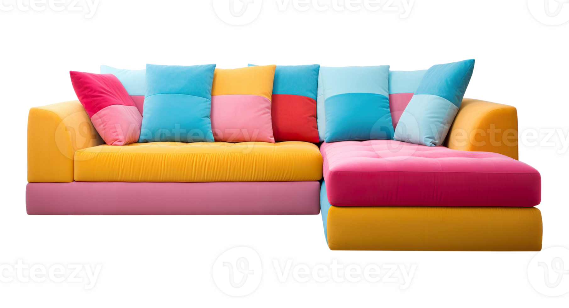 Vibrant sectional sofa with a mix of yellow, pink, and blue hues, paired with multicolor cushions, front view on transparent background. Cut out furniture. PNG. AI Generated png
