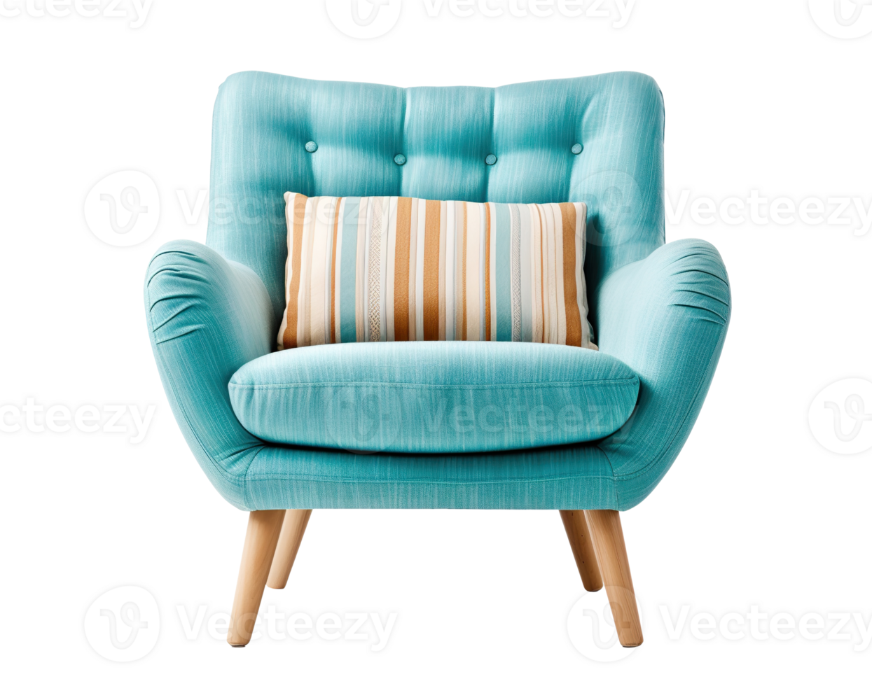 Cozy blue armchair in Scandinavian style with wooden legs and cushion, perfect for modern living space. Lounge chair on transparent background. Cut out furniture. Front view. PNG. AI Generated png