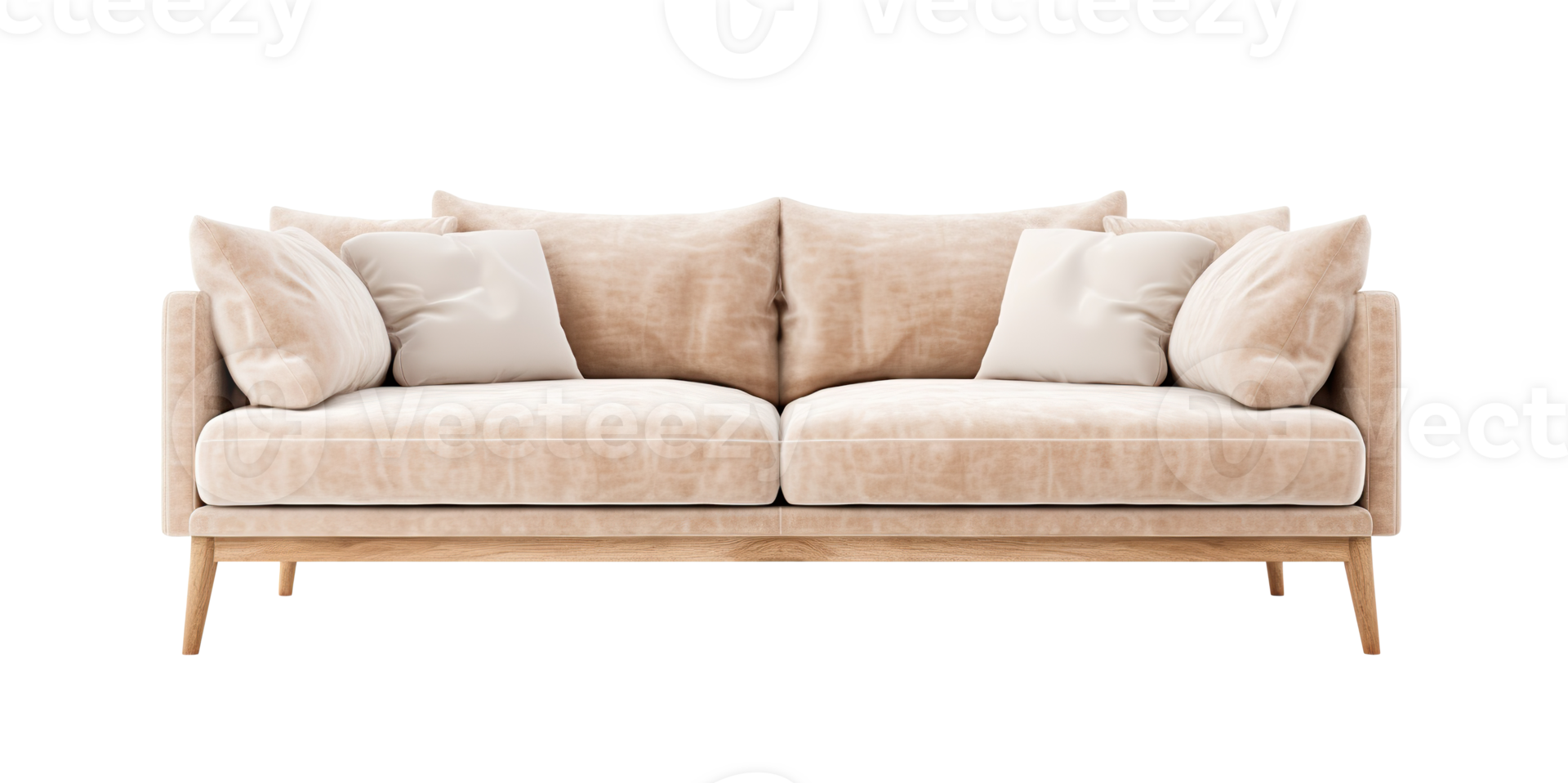 Chic Scandinavian-style sofa in beige with clean lines and plush cushions, set on natural wood legs. Couch on transparent background. Cut out furniture. Front view. PNG. AI generated png