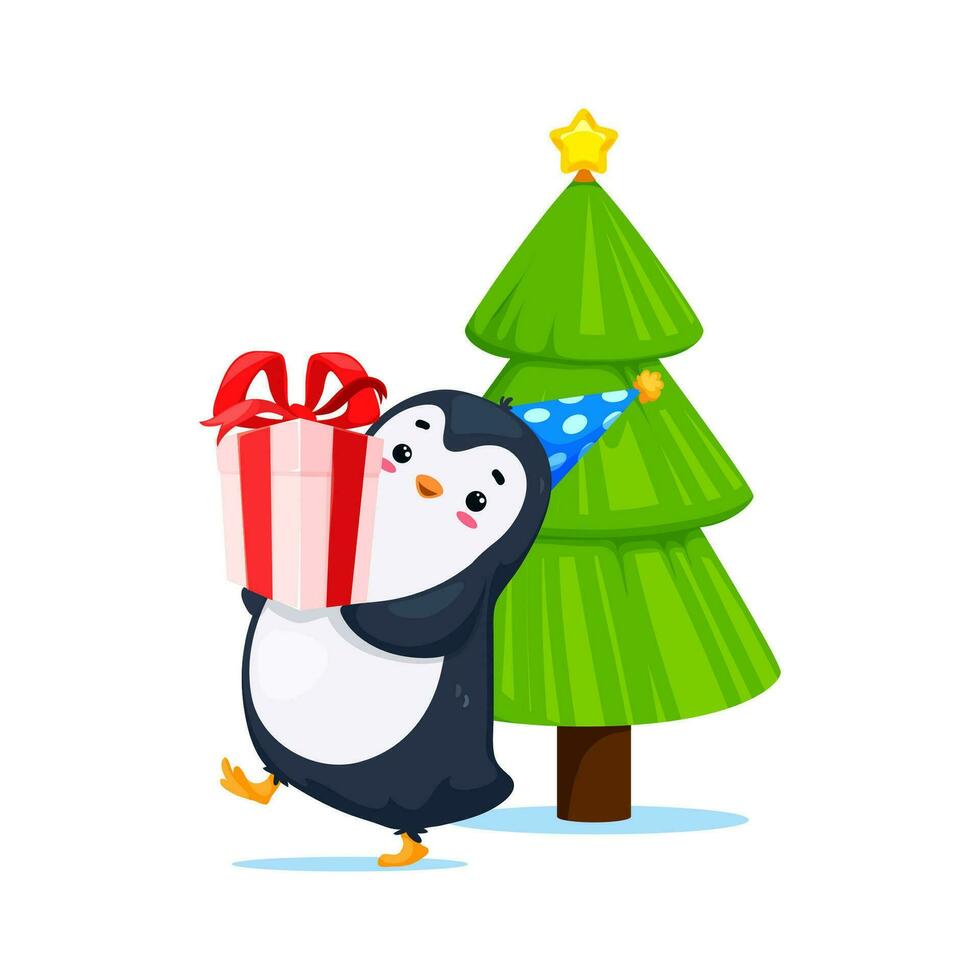 dibujos animados linda gracioso pingüino personaje con regalo vector