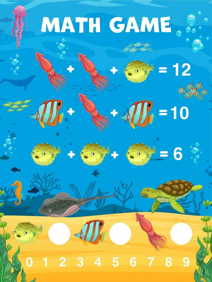 Math game worksheet cartoon animals, fish, turtle vector