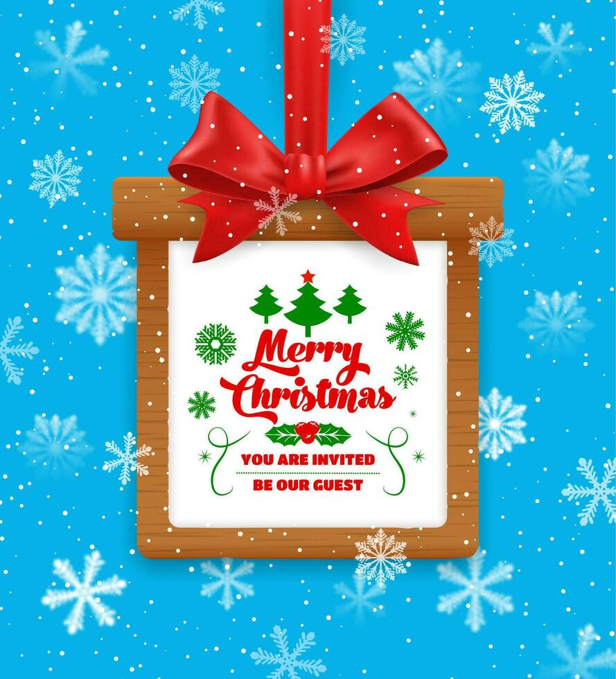 Christmas frame with red bow and snowflakes, badge vector