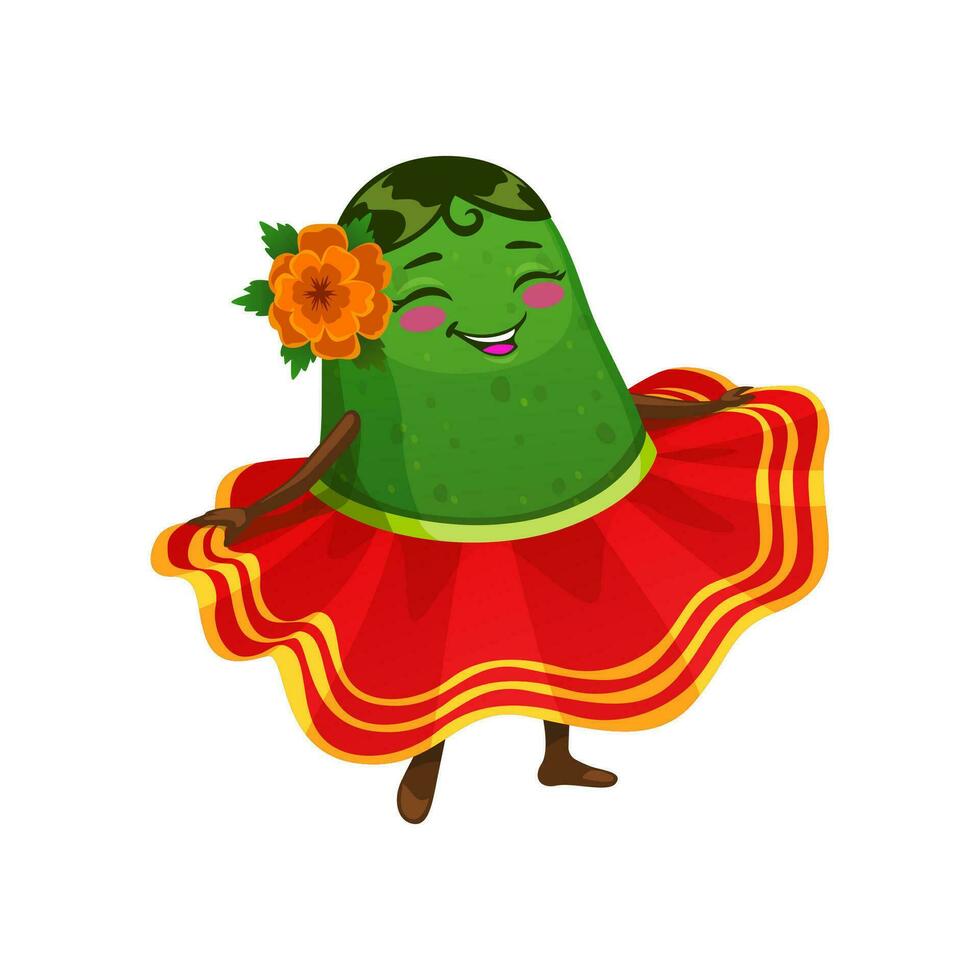 dibujos animados mexicano aguacate bailando mujer personaje vector