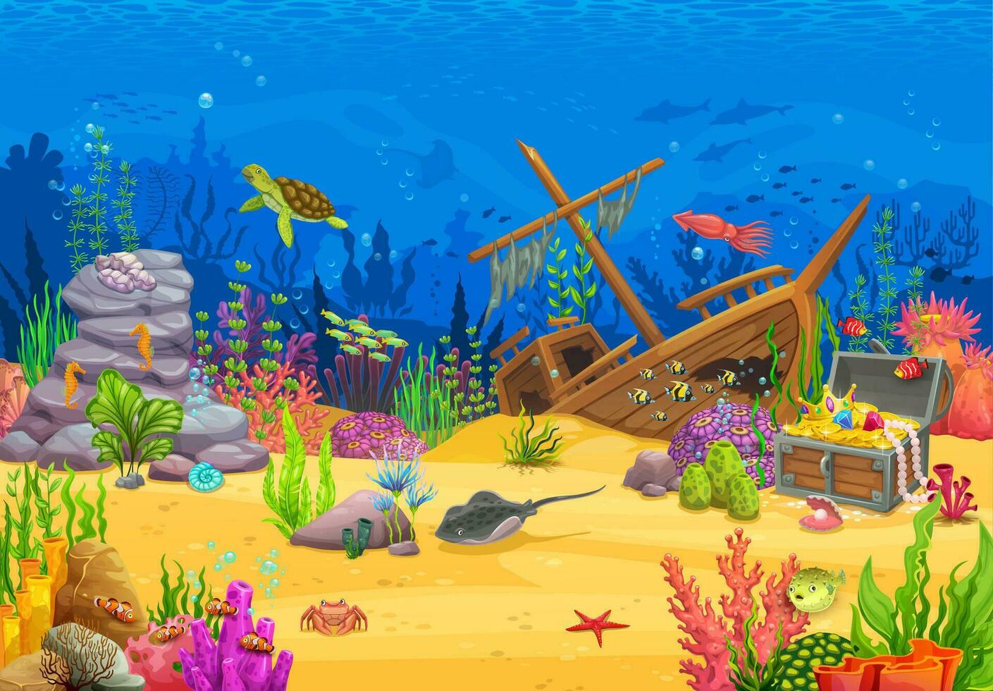 Arcade game level background, underwater landscape vector