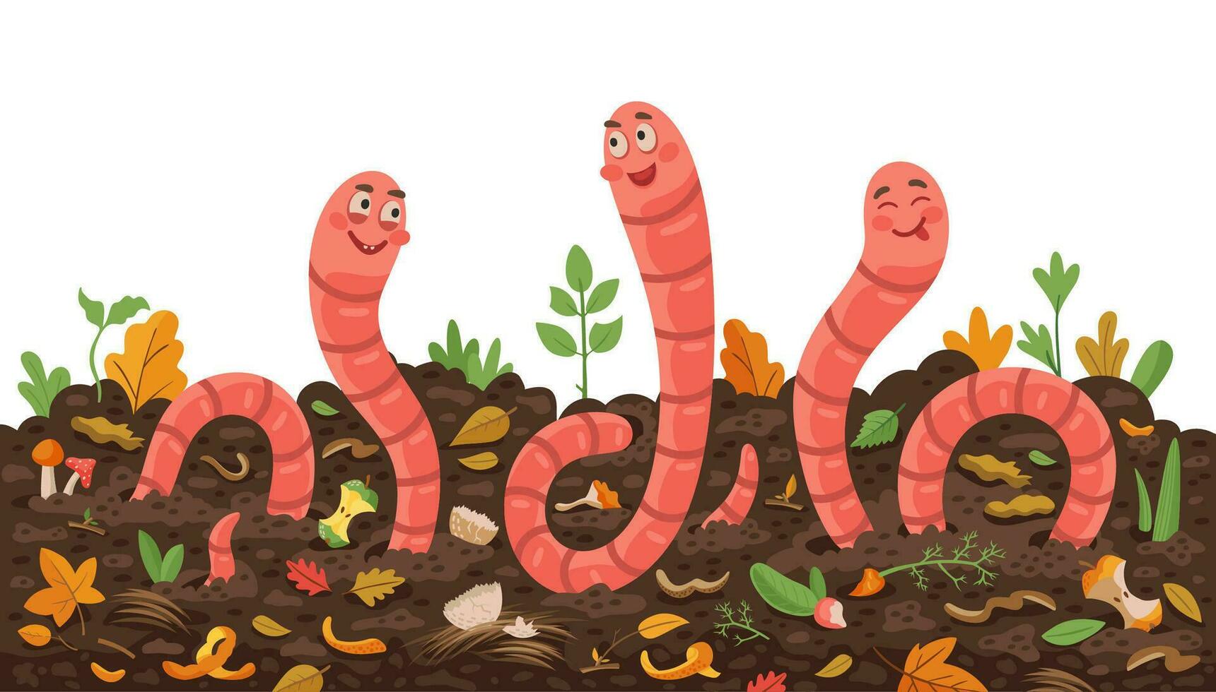 Three cartoon earth worms in compost soil ground vector