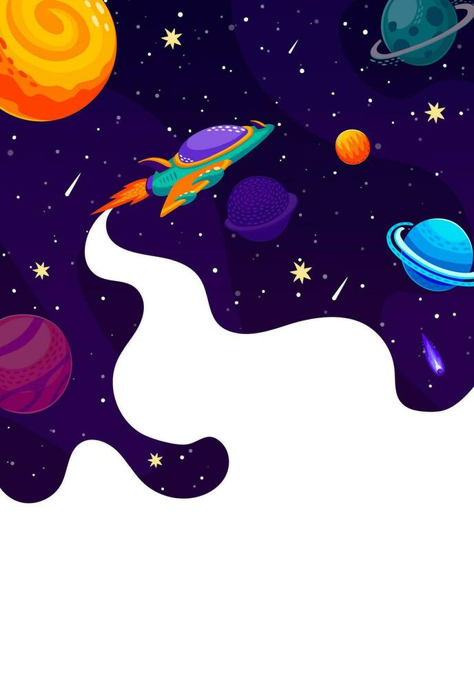 Space starship, starry galaxy, spaceship, planets vector