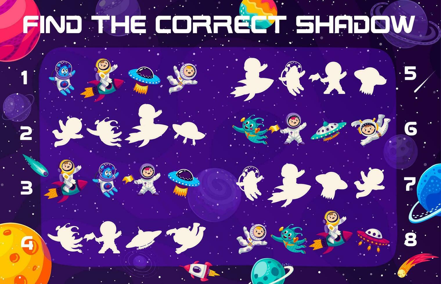 Find correct shadow, astronaut in space, alien UFO vector