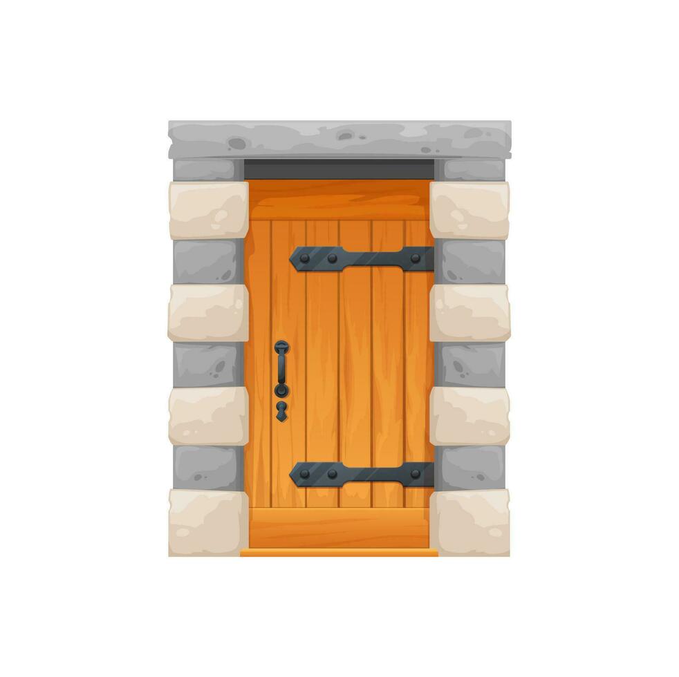 Medieval castle wooden door gate with stone arch vector