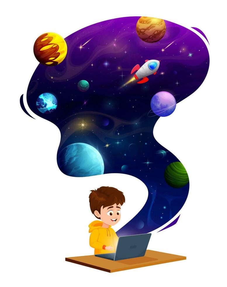 Child boy with laptop dreaming about space flight vector