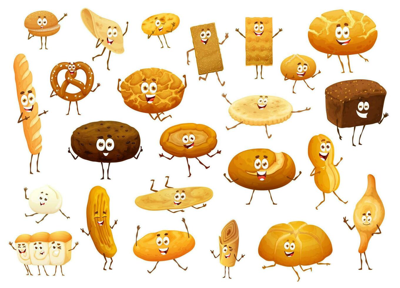 Cartoon isolated bread and bakery funny characters vector
