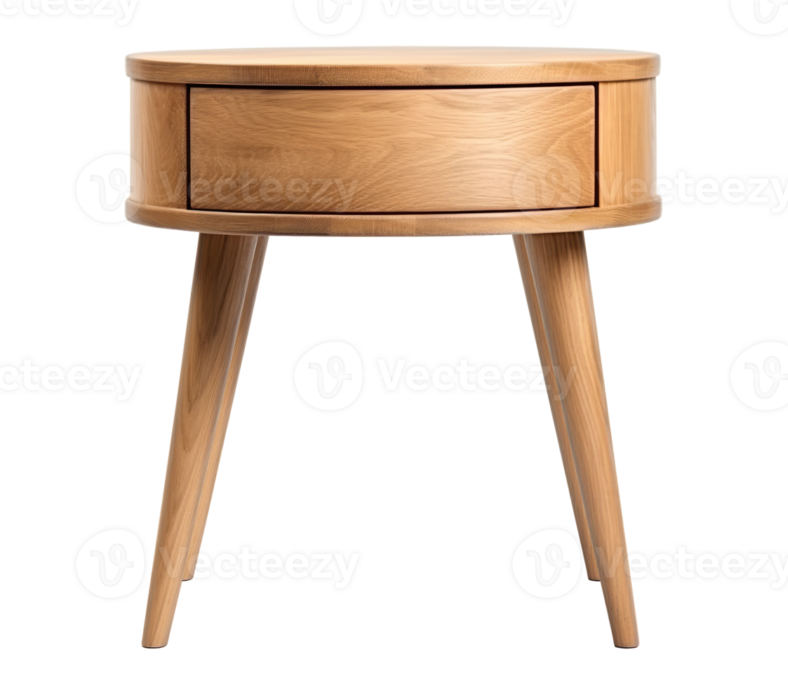 Classic round side table with a single drawer, featuring a smooth walnut finish and splayed wooden legs, on transparent background. Coffee table, cut out. Front view. PNG. AI generated png