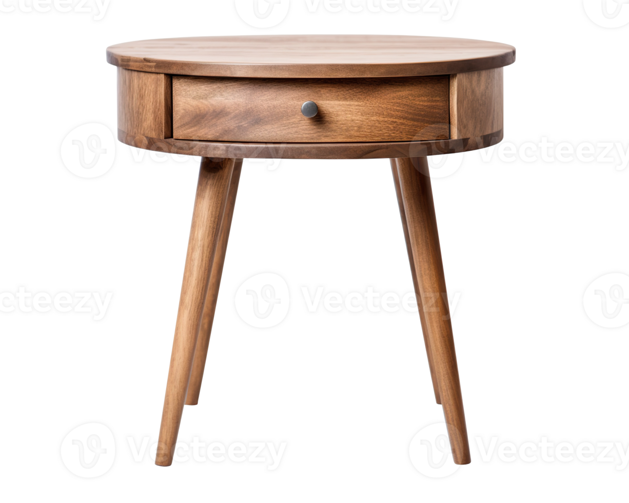 Classic round side table with a single drawer, featuring a smooth walnut finish and splayed wooden legs, on transparent background. Coffee table, cut out. Front view. PNG. AI generated png