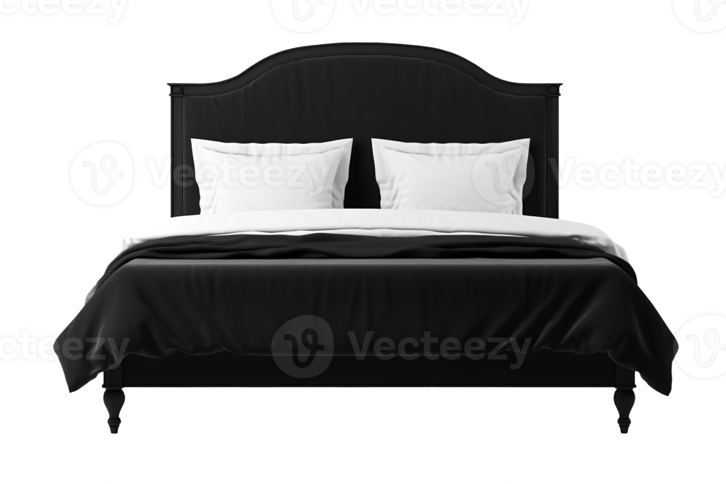 Classic black bed with an elegant silhouette, featuring crisp white sheets and a sophisticated black bedspread. Double bed on transparent background. Cut out furniture. Front view. PNG. AI Generated png
