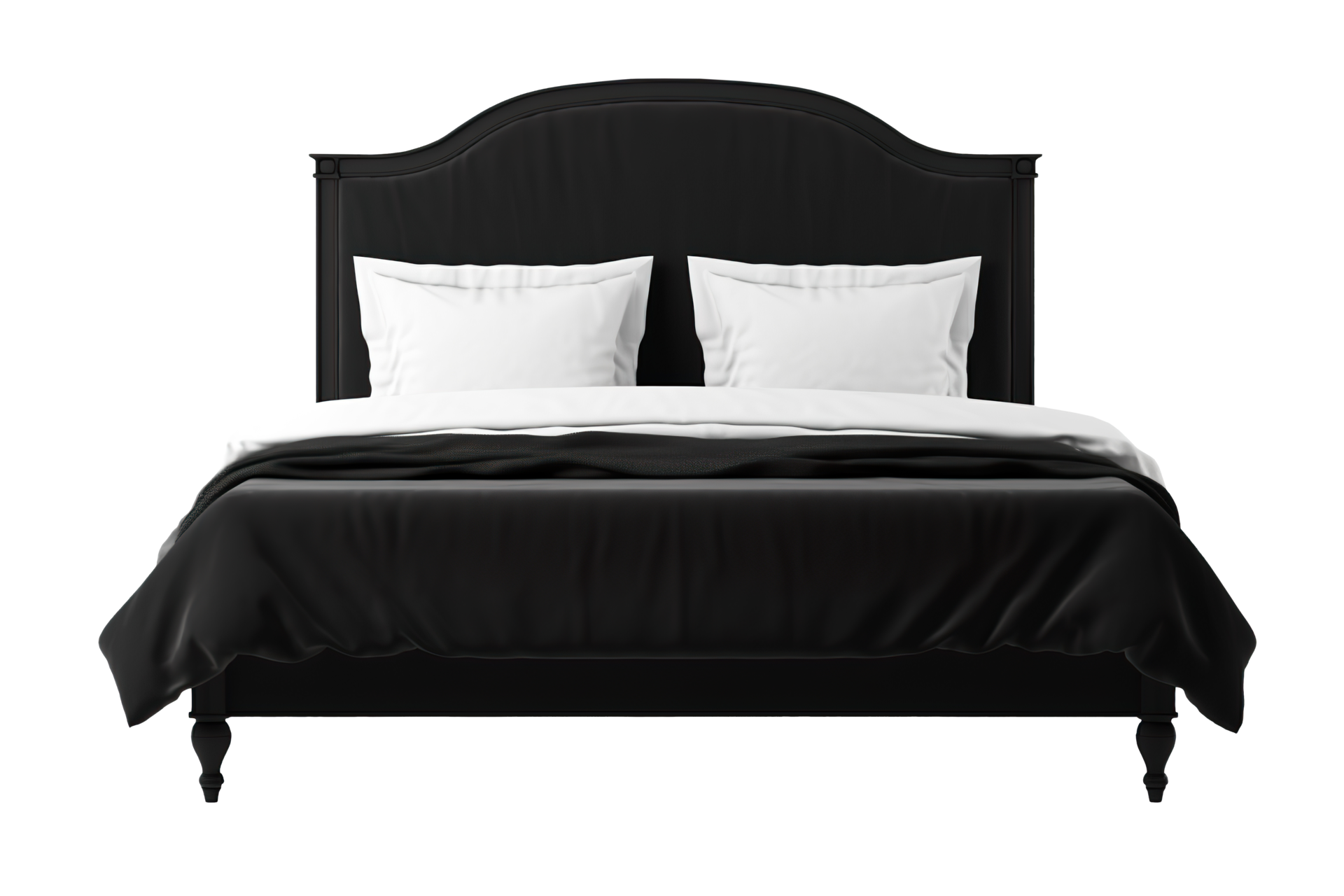 Classic black bed with an elegant silhouette, featuring crisp white