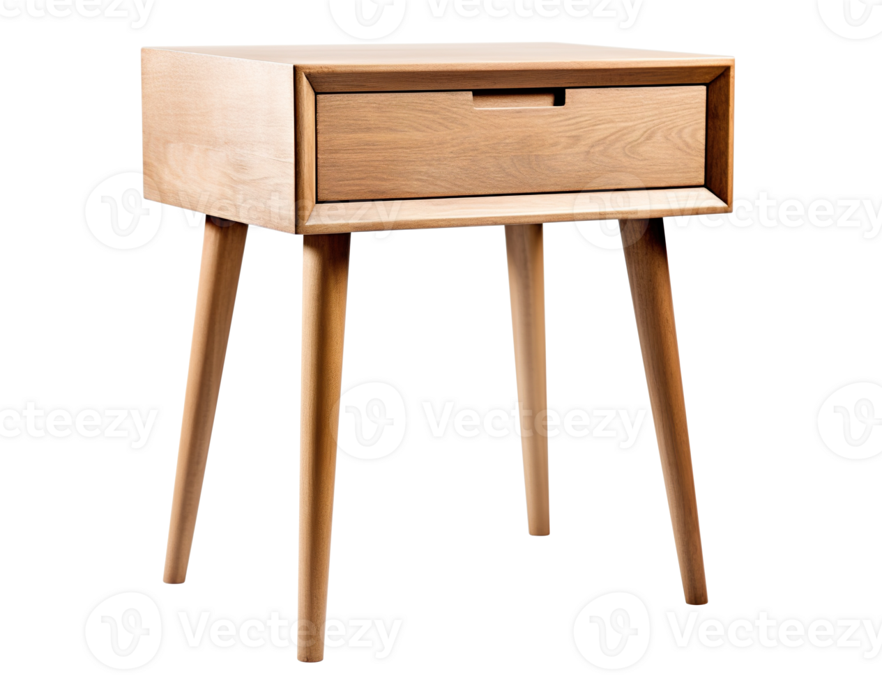 Mid-century modern side table with a sleek wooden drawer and angled legs, crafted from warm oak, on transparent background. Coffee table, cut out. PNG. AI Generated png