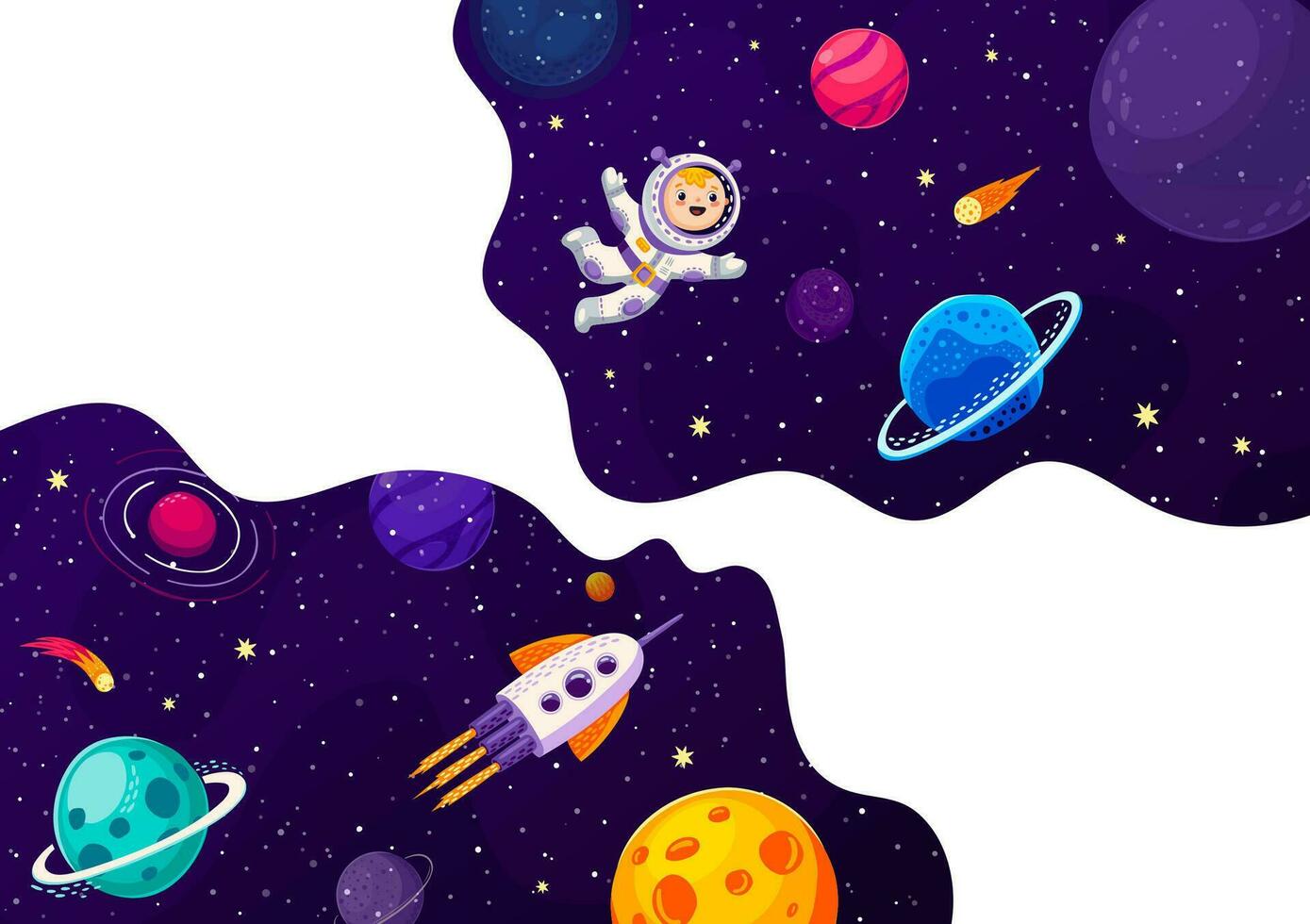 espacio bandera, dibujos animados astronauta nave estelar en galaxia vector