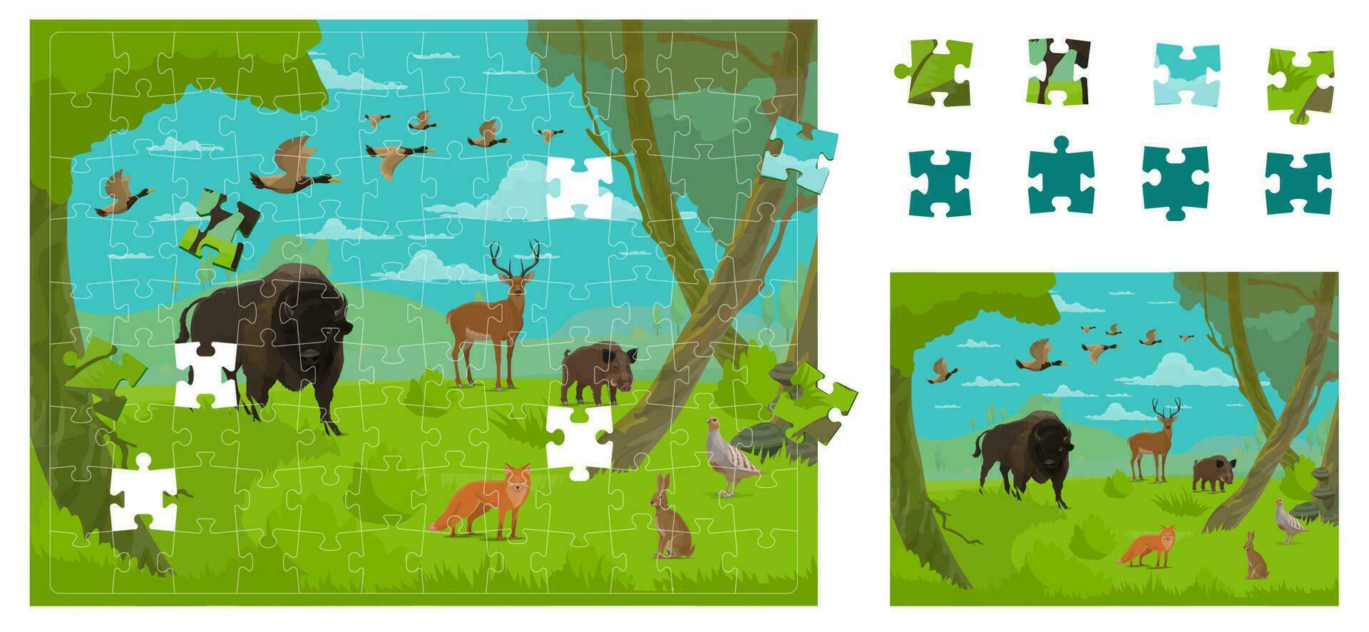 Jigsaw puzzle pieces, forest hunt animals, birds vector