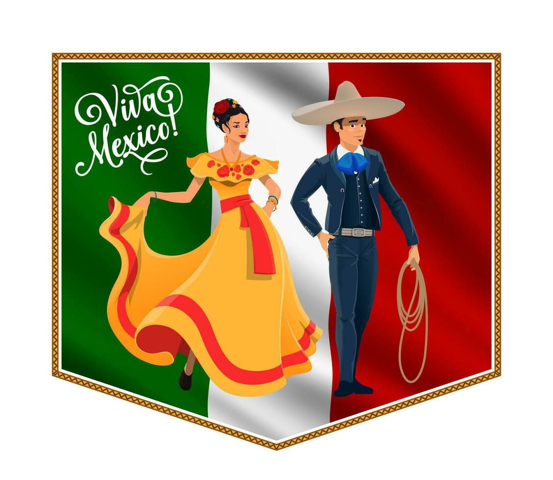 Viva Mexico banner, national flag, woman, cowboy vector