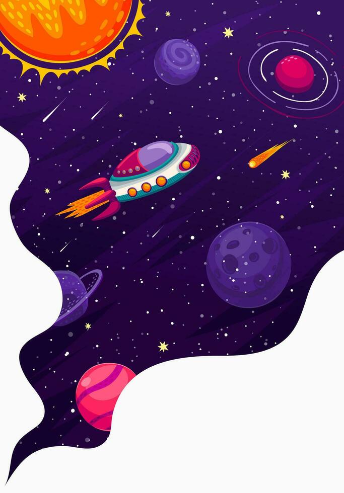 Cartoon spaceship in galaxy, space landscape vector