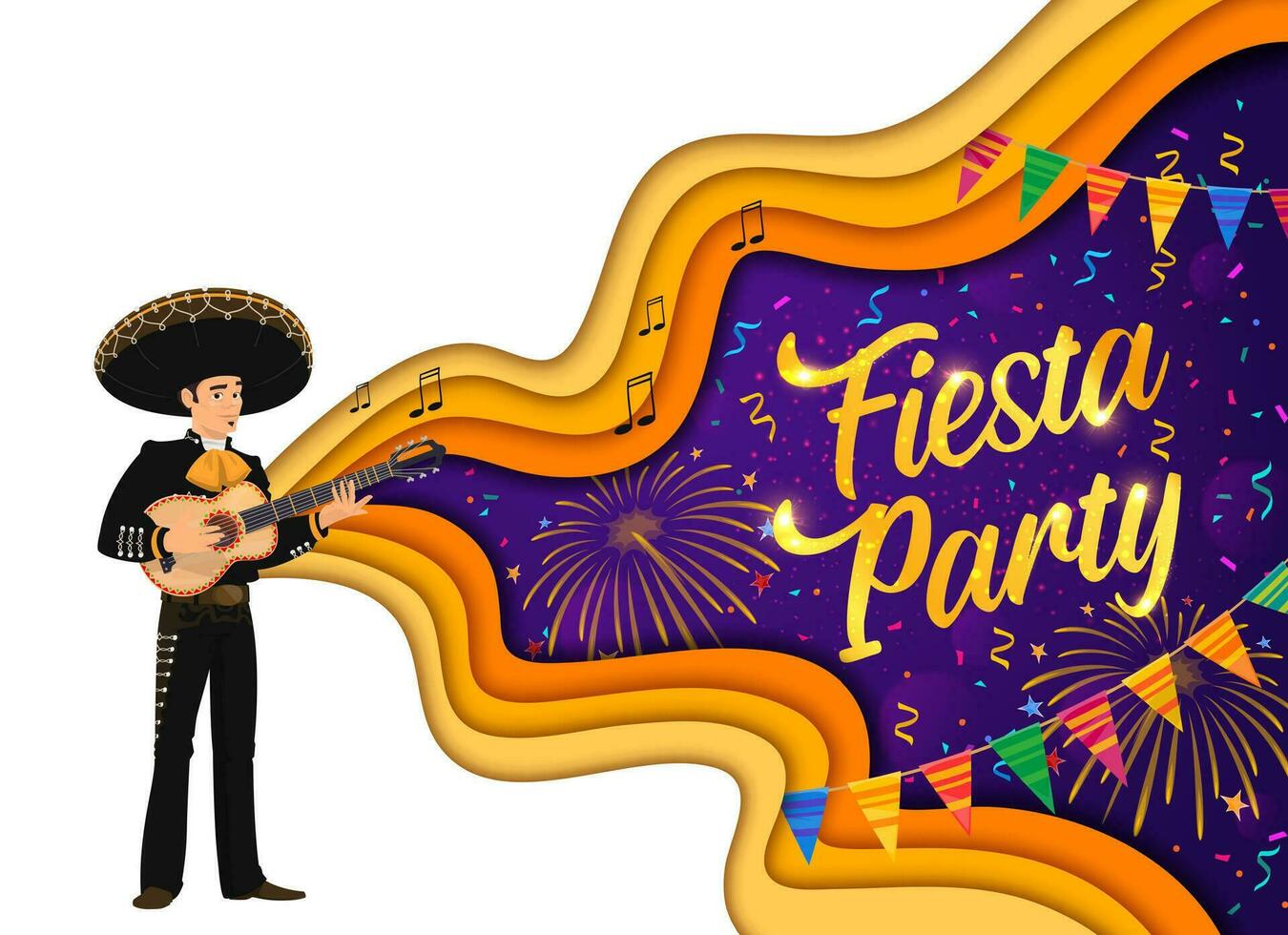 Fiesta party paper cut banner, fireworks, mariachi vector