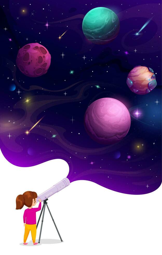 Girl kid looking through telescope at space planet vector