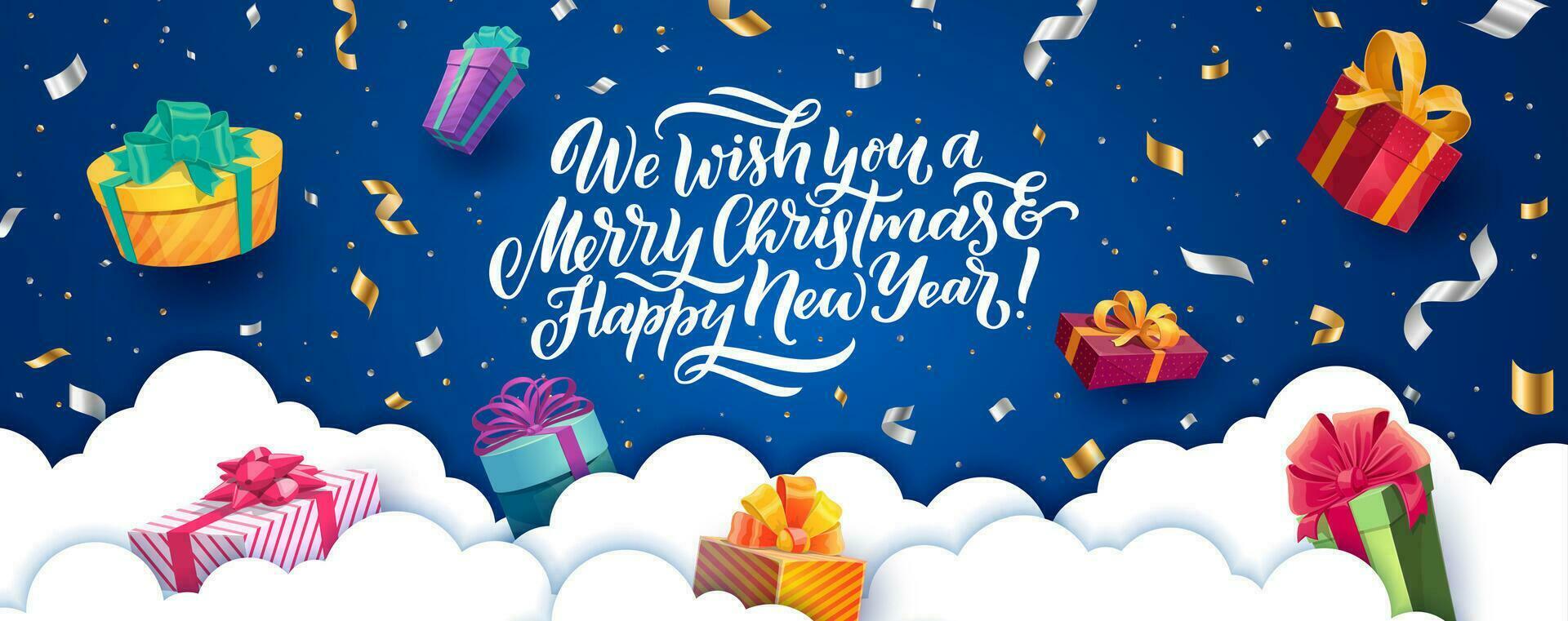 Christmas paper cut banner presents and confetti vector