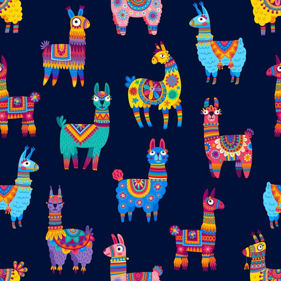 Cartoon llama, alpaca characters seamless pattern vector