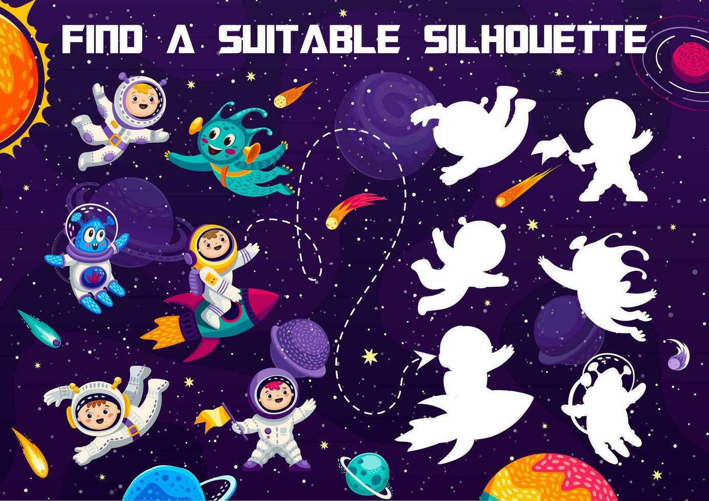 Find suitable silhouette of astronaut and spaceman vector