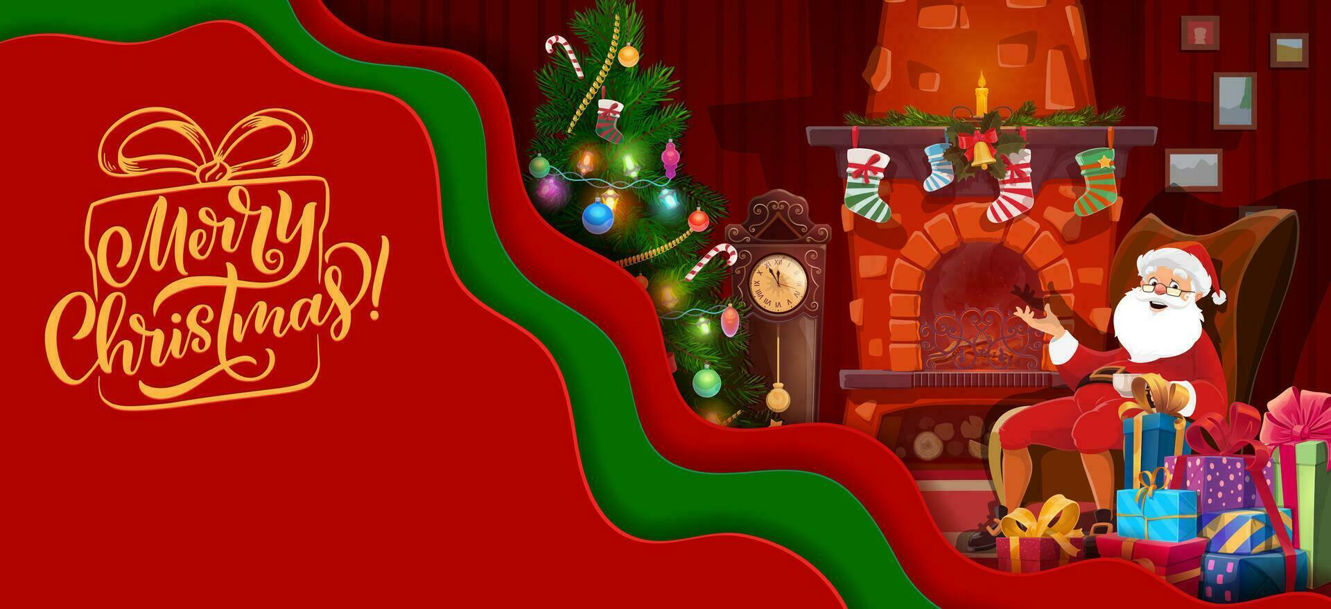 Christmas paper cut santa near holiday fireplace vector