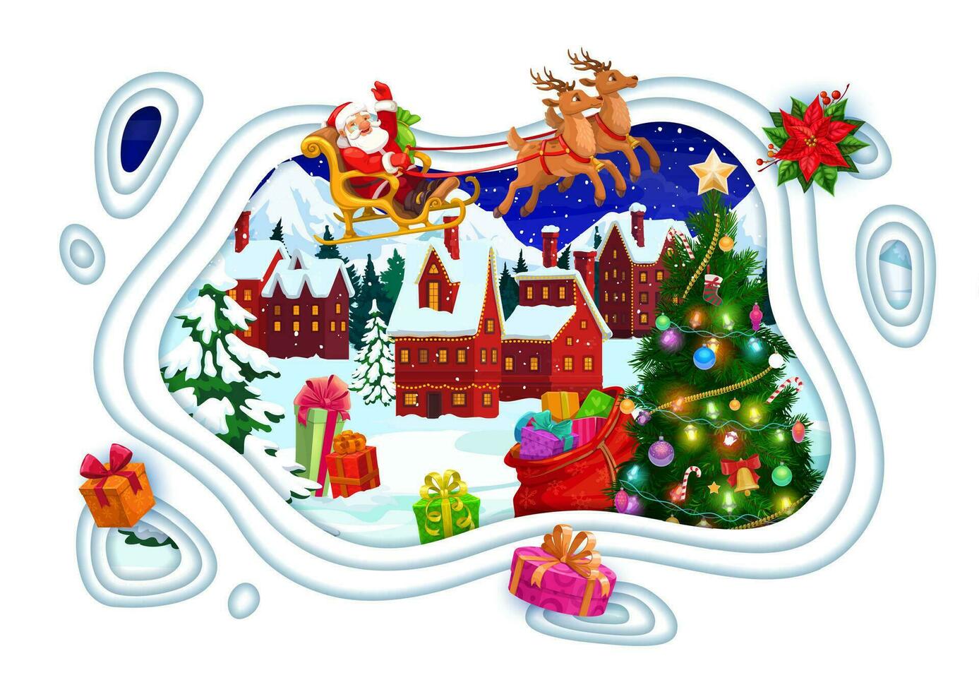 Christmas paper cut with flying Santa on sleigh vector